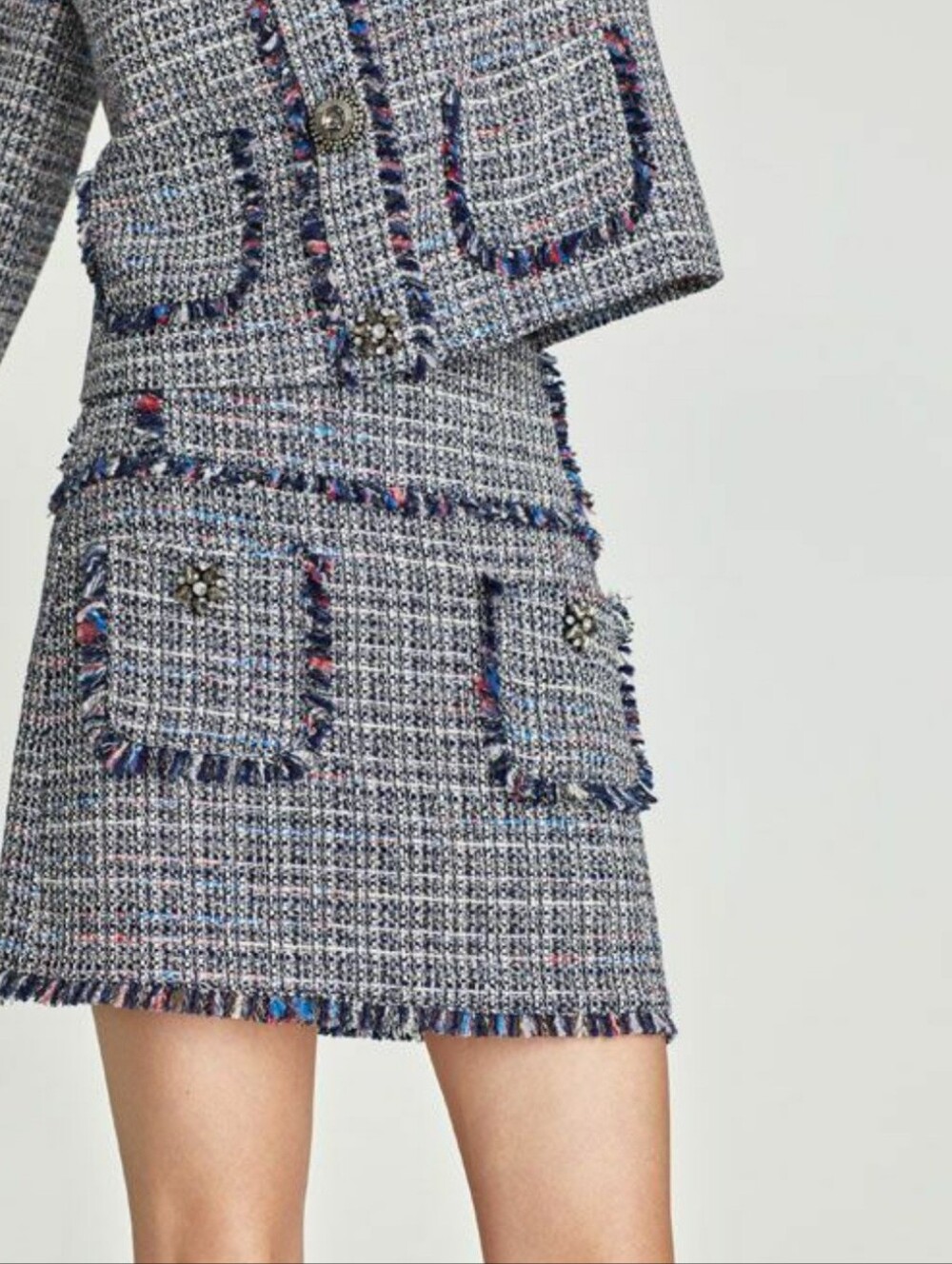 Zara Navy Blue Pink Textured Tweed Fringed Mini Skirt Jeweled Buttons Size M